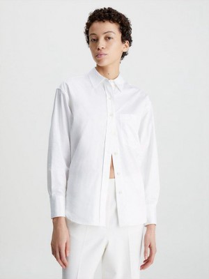 White Calvin Klein Relaxed Cotton Satin Shirt Women Top | YBUK-02613