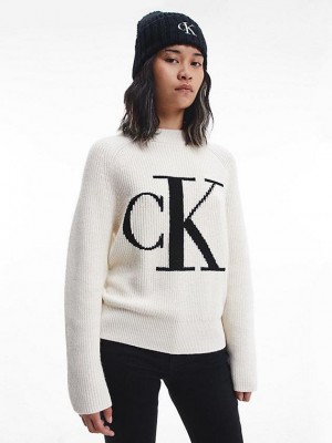 White Calvin Klein Relaxed Logo Jumper Women Sweater | HJUW-93012