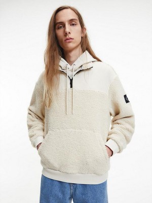 White Calvin Klein Relaxed Sherpa Zip Neck Jumper Men Sweater | HZWJ-70314