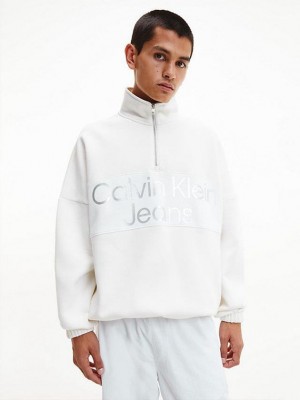 White Calvin Klein Relaxed Zip Neck Men Sweatshirt | SUKD-30842