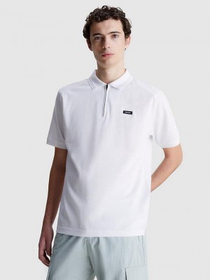 White Calvin Klein Relaxed Zipped Men Polo Shirt | HYBT-15246