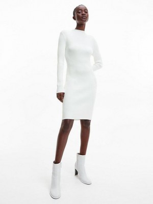 White Calvin Klein Ribbed Bodycon Women Dress | URJX-21608