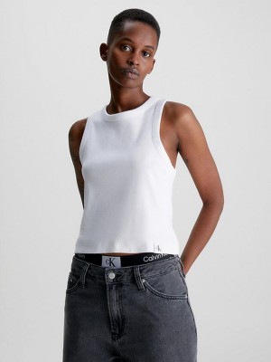 White Calvin Klein Ribbed Cotton Tank Women Top | CTKH-28967