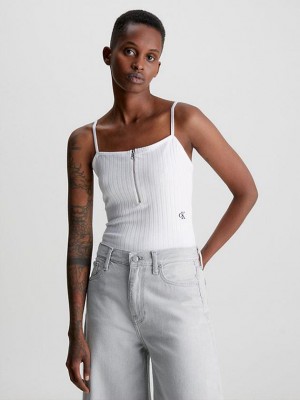 White Calvin Klein Ribbed Jersey Zip Up Women Bodysuit | DNCF-17809