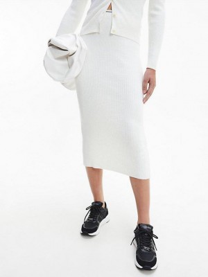 White Calvin Klein Ribbed Knit Pencil Women Skirt | KVCT-30476