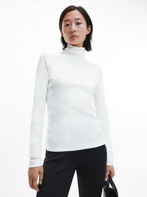 White Calvin Klein Ribbed Modal Roll Neck Women Top | WBHL-92163