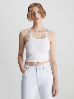 White Calvin Klein Seersucker Stretch Cropped Women Top | KGHN-75260