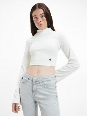 White Calvin Klein Shiny Rib Long Sleeve Women Top | GDXW-89065
