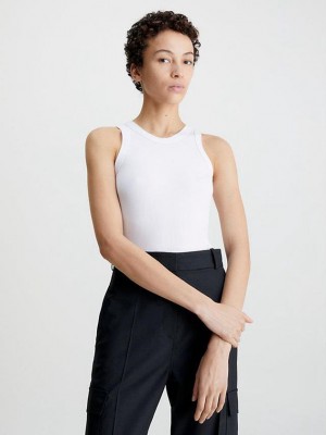 White Calvin Klein Skinny Ribbed Fitted Tank Women Top | FIWA-27485