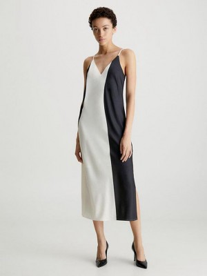 White Calvin Klein Slim Colourblock Slip Women Dress | QZWE-29186