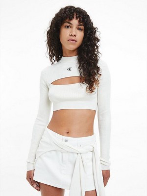 White Calvin Klein Slim Cropped Cut Out Jumper Women Sweater | KJQI-64329