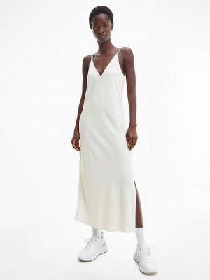 White Calvin Klein Slim Midi Slip Women Dress | ADXE-29437