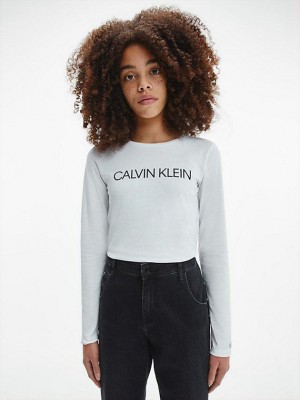 White Calvin Klein Slim Organic Cotton Long Sleeve Girls's T-Shirt | WZDR-02539