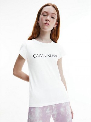 White Calvin Klein Slim Organic Cotton Logo Girls's T-Shirt | XMRG-61804