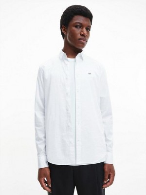 White Calvin Klein Slim Poplin Stretch Men Shirts | QXEM-17498