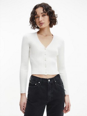 White Calvin Klein Slim Ribbed Cotton Cardigan Women Sweater | HPEL-69571