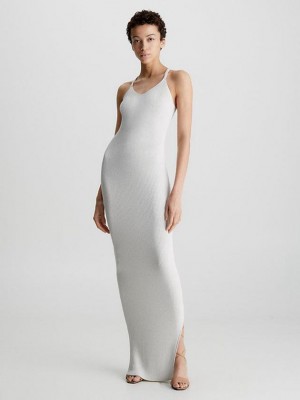 White Calvin Klein Slim Ribbed Fitted Slip Women Dress | CQIH-59408