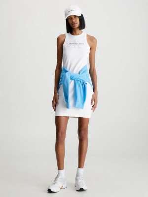 White Calvin Klein Slim Ribbed Monogram Tank Women Dress | TIKD-60914