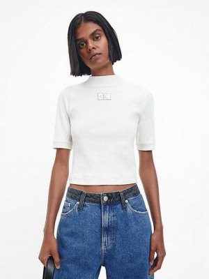 White Calvin Klein Slim Ribbed Short Sleeve Women Top | JHLR-45706
