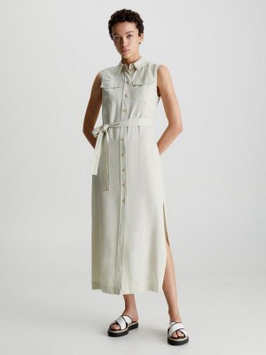 White Calvin Klein Slim Tencel Shirt Women Dress | SNUD-85963