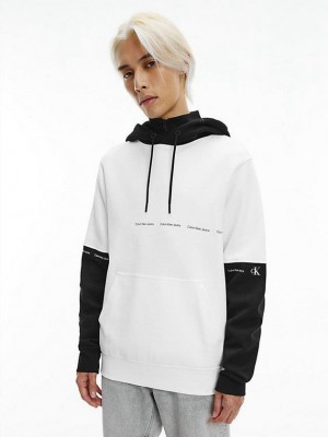 White Calvin Klein Two-Tone Repeat Logo Men Hoodie | HKMS-98261