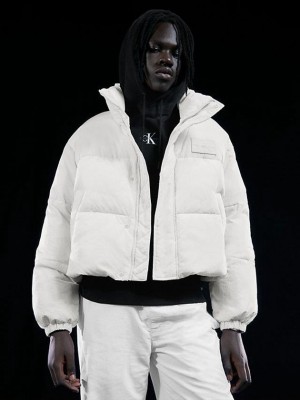 White Calvin Klein Unisex Cropped Puffer Men Jacket | HERQ-75902