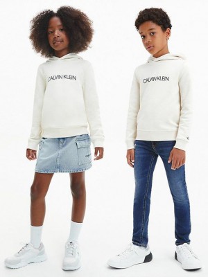 White Calvin Klein Unisex Logo Boys's Hoodie | PSEX-24108