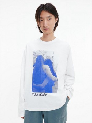 White Calvin Klein Unisex Printed Long Sleeve - CK Standards Women T-Shirt | DRTF-73568