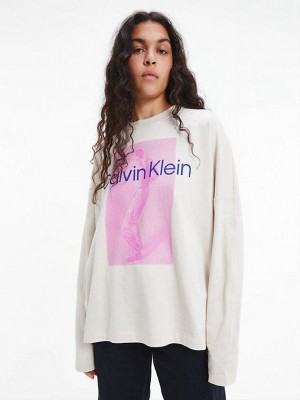 White Calvin Klein Unisex Printed Long Sleeve - CK Standards Men T-Shirt | YNSP-18269