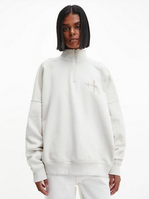 White Calvin Klein Unisex Zip Neck Men Sweatshirt | JVWY-59342