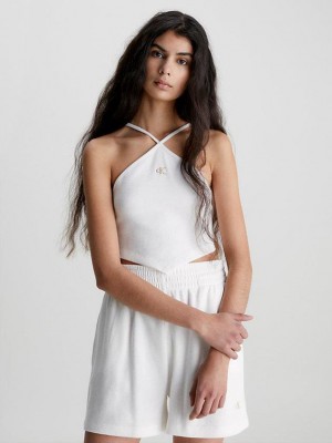 White Calvin Klein Waffle Cotton Halter Neck Women Top | DKQA-90125