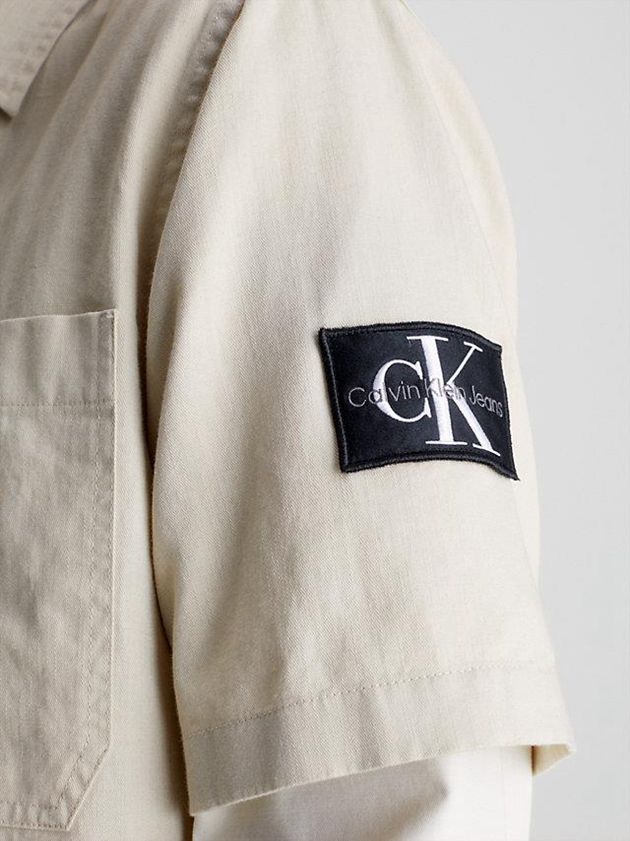 Beige Calvin Klein Cotton Linen Short Sleeve Men Shirts | JPFI-29761
