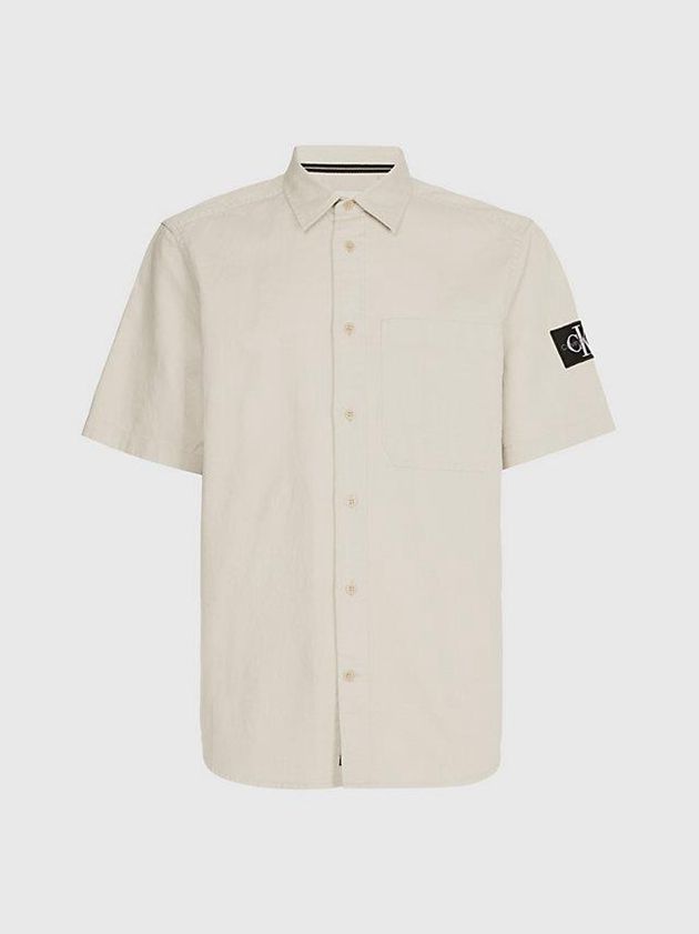 Beige Calvin Klein Cotton Linen Short Sleeve Men Shirts | JPFI-29761