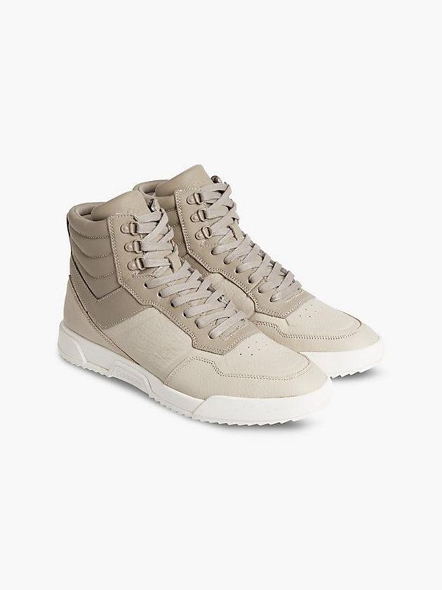 Beige Calvin Klein Leather High-Top Men Sneakers | IJNZ-91754