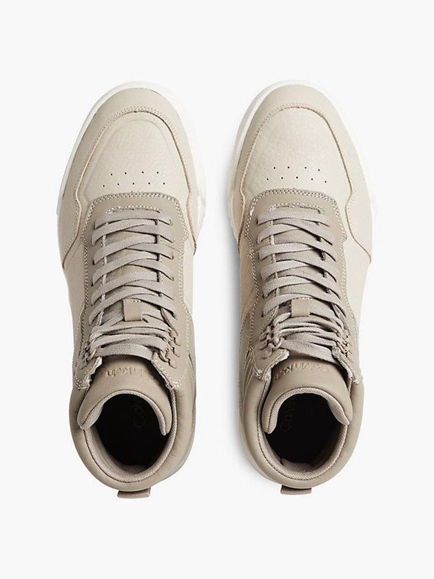 Beige Calvin Klein Leather High-Top Men Sneakers | IJNZ-91754