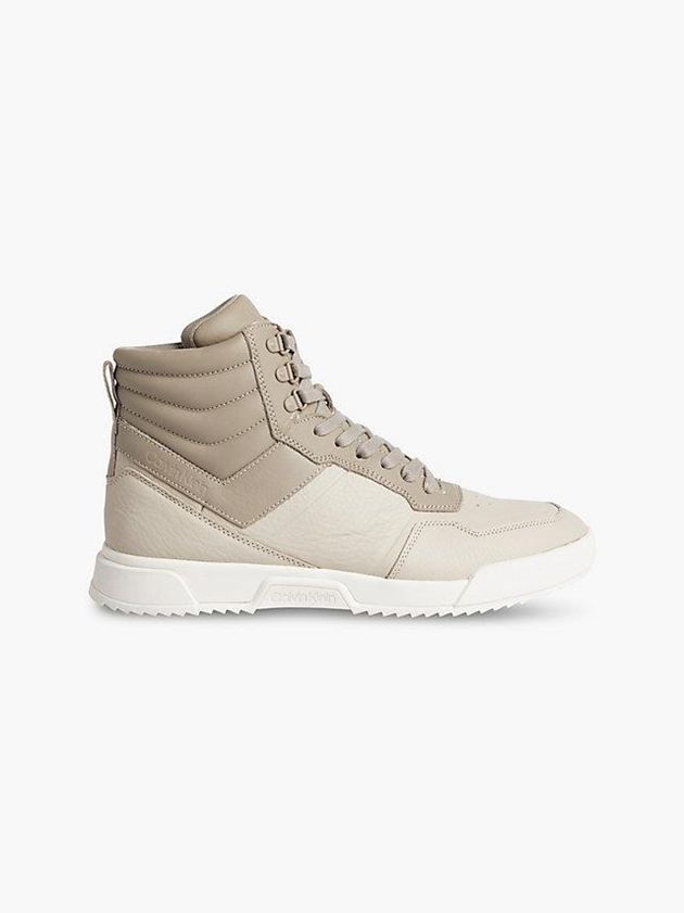 Beige Calvin Klein Leather High-Top Men Sneakers | IJNZ-91754