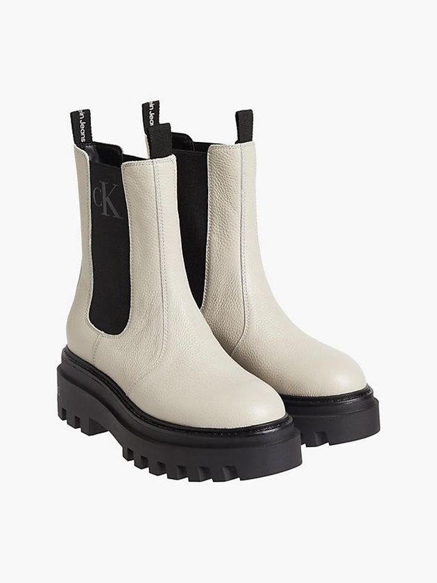 Beige Calvin Klein Leather Platform Chelsea Women Boots | GTUV-79514