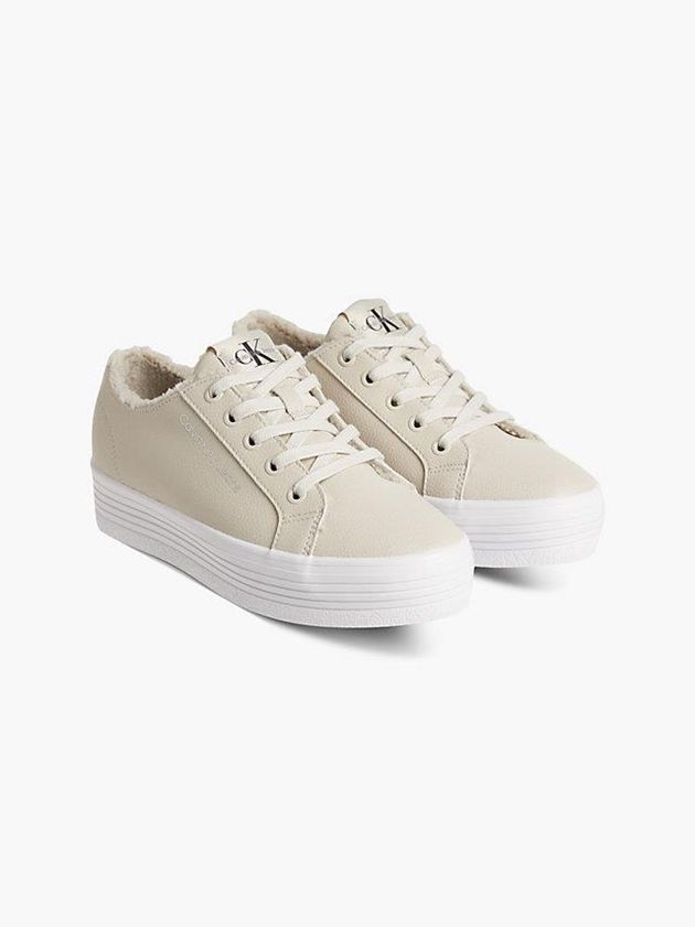 Beige Calvin Klein Leather Platform Women Sneakers | PUYK-70425