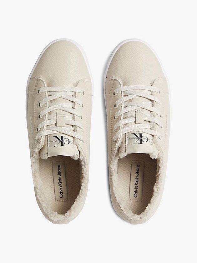 Beige Calvin Klein Leather Platform Women Sneakers | PUYK-70425