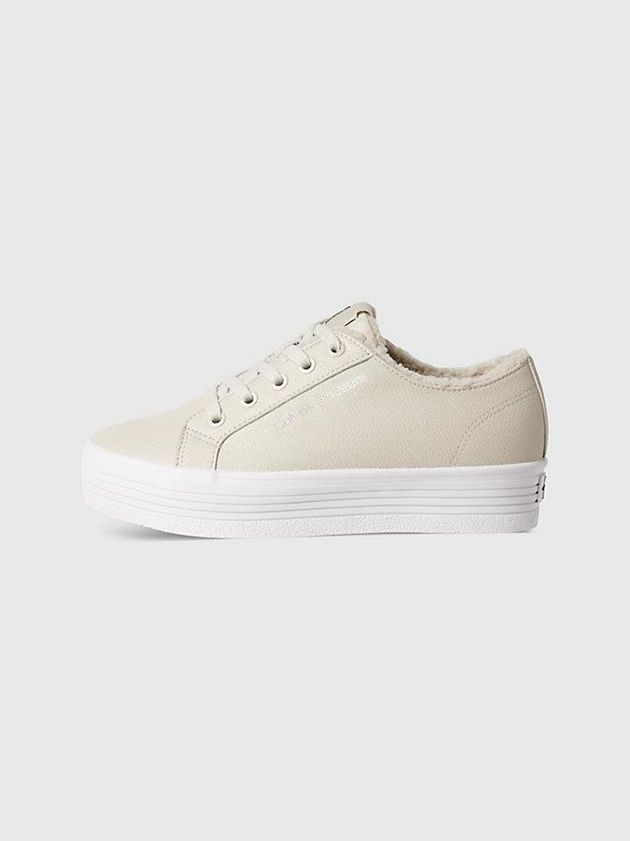 Beige Calvin Klein Leather Platform Women Sneakers | PUYK-70425