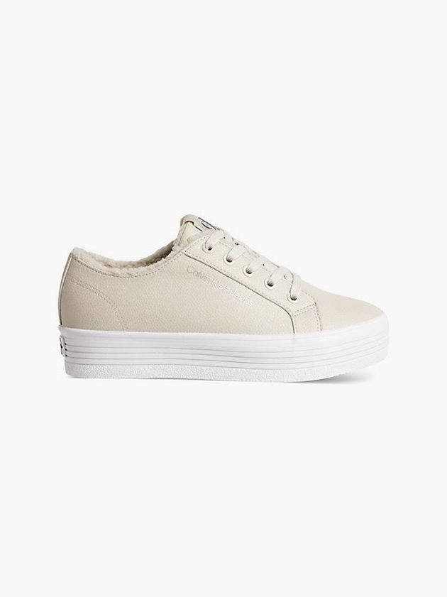 Beige Calvin Klein Leather Platform Women Sneakers | PUYK-70425