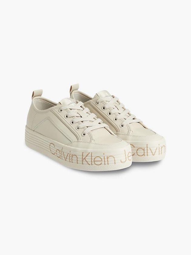 Beige Calvin Klein Leather Platform Women Sneakers | LWHV-69253