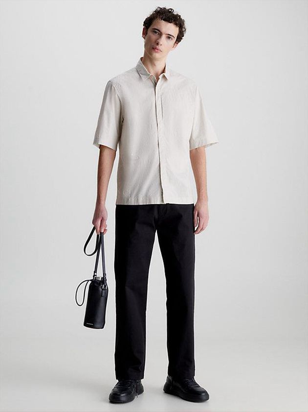 Beige Calvin Klein Linen Cotton Men Shirts | JTBA-59614