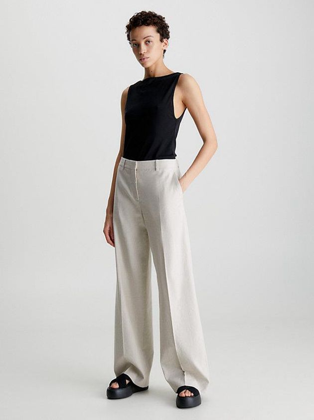 Beige Calvin Klein Linen Wide Leg Women Pants | TXUY-07135