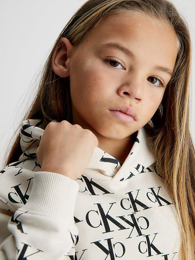 Beige Calvin Klein Logo Girls's Hoodie | TEPL-50816