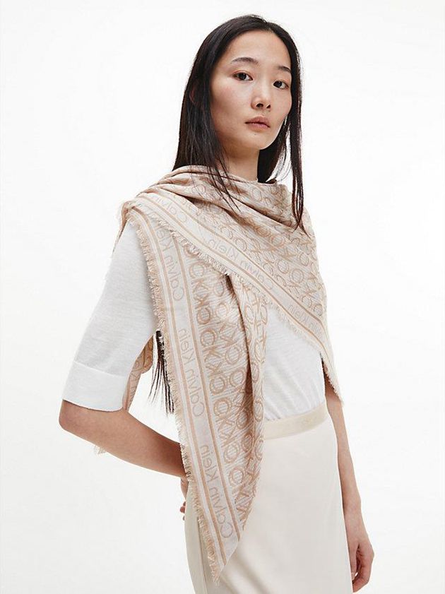 Beige Calvin Klein Logo Jacquard Women Scarf | YUMK-60983