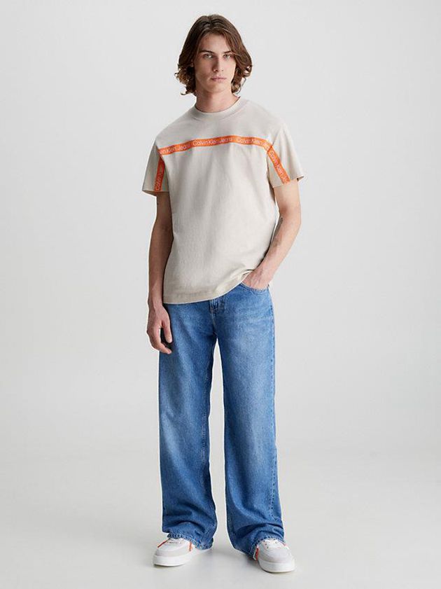Beige Calvin Klein Logo Tape Men T-Shirt | PJHI-52409