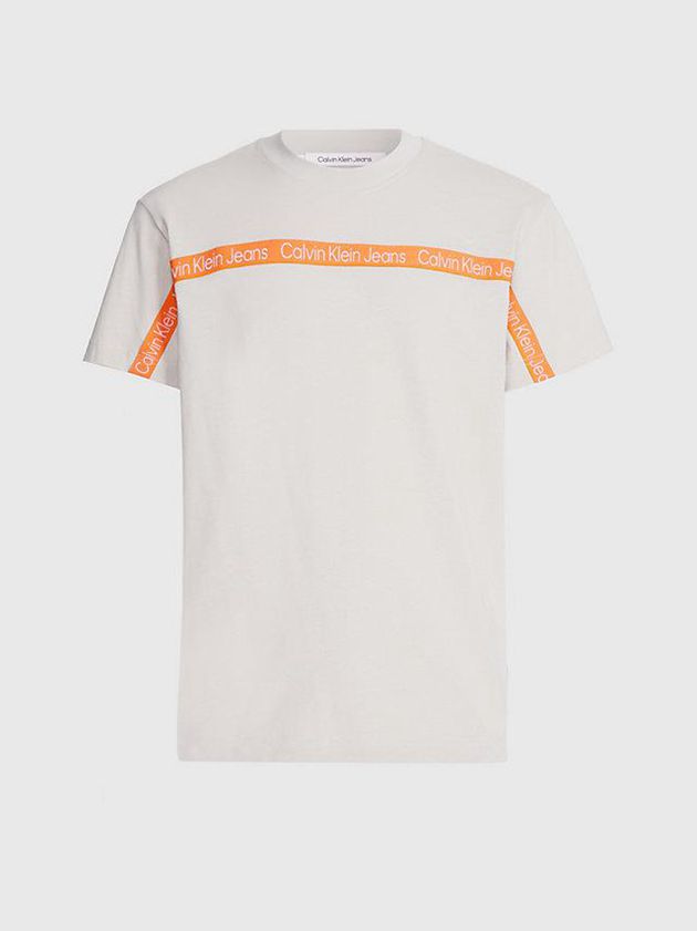 Beige Calvin Klein Logo Tape Men T-Shirt | PJHI-52409