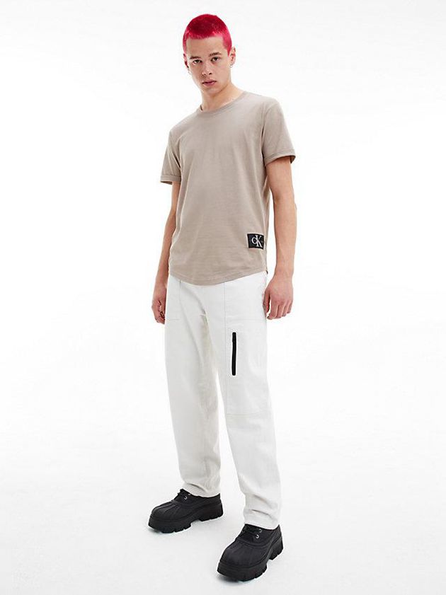 Beige Calvin Klein Organic Cotton Badge Men T-Shirt | EMHJ-68930
