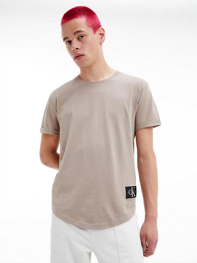 Beige Calvin Klein Organic Cotton Badge Men T-Shirt | EMHJ-68930